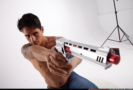 Man Adult Athletic White Fighting with gun Kneeling poses Pants