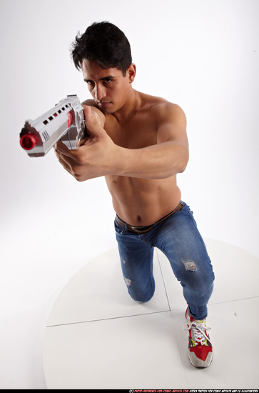 Man Adult Athletic White Fighting with gun Kneeling poses Pants