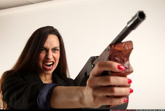 Woman Young Athletic White Fighting with submachine gun Standing poses Business