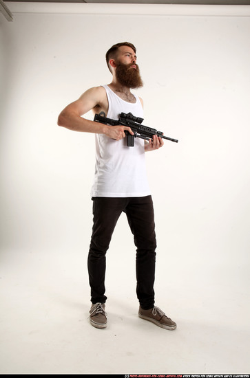 Man Adult Athletic White Fighting with submachine gun Standing poses Casual