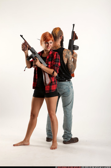 Man & Woman Adult Athletic White Fighting with submachine gun Standing poses Casual