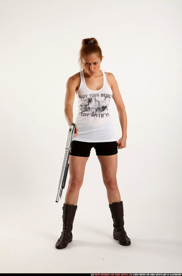 Woman Adult Athletic White Sitting poses Casual Fighting with shotgun