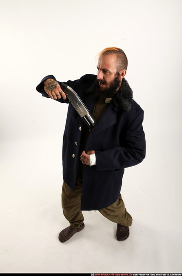 Man Adult Athletic White Standing poses Coat Fighting with shotgun