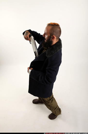 Man Adult Athletic White Standing poses Coat Fighting with shotgun