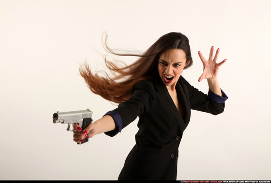 Woman Young Athletic White Fighting with gun Moving poses Casual