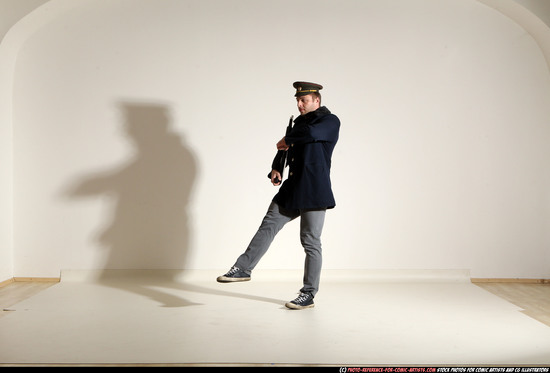 Man Adult Muscular White Moving poses Army Fighting with shotgun