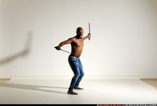 Man Adult Athletic Black Fighting with sword Moving poses Pants