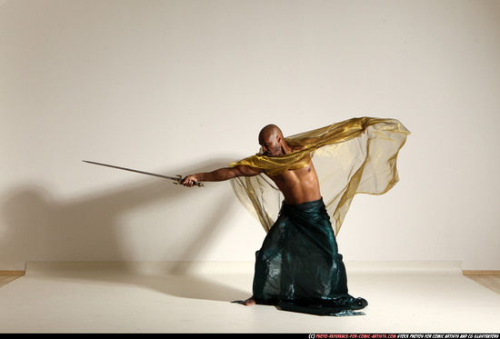 Man Adult Athletic Black Fighting with sword Moving poses Army