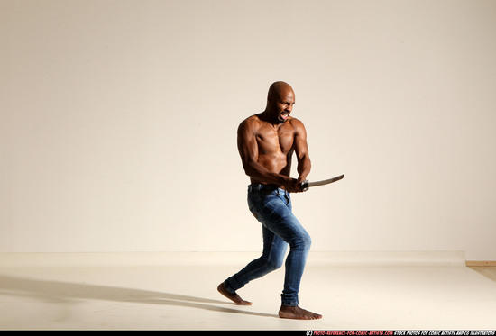 Man Adult Athletic Black Fighting with sword Moving poses Pants