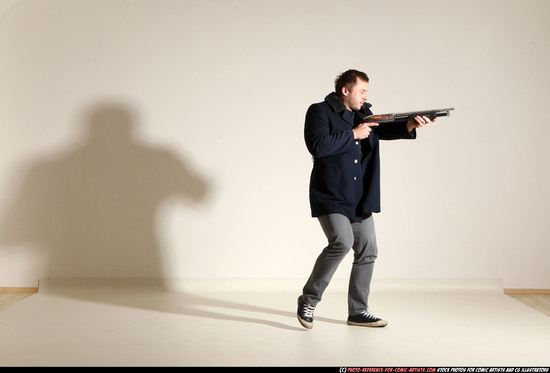 Man Adult Muscular White Moving poses Casual Fighting with shotgun