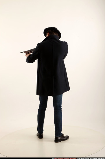 Man Adult Athletic White Fighting with gun Standing poses Coat