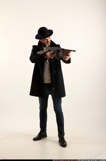 Man Adult Athletic White Fighting with gun Standing poses Coat