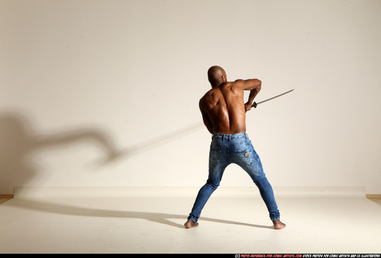 Man Adult Athletic Black Fighting with sword Moving poses Pants