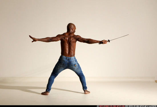 Man Adult Athletic Black Fighting with sword Moving poses Pants