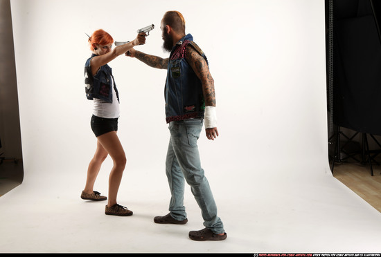 Man & Woman Adult Athletic White Fighting with gun Standing poses Casual