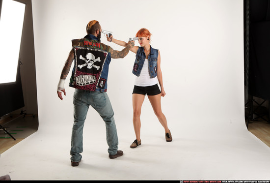 Man & Woman Adult Athletic White Fighting with gun Standing poses Casual