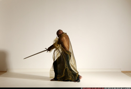 Man Adult Athletic Black Fighting with sword Moving poses Army