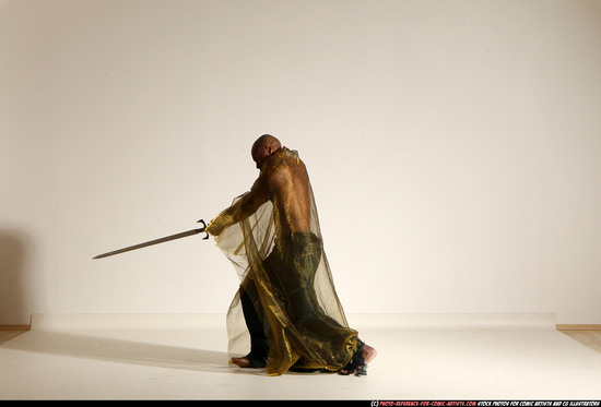 Man Adult Athletic Black Fighting with sword Moving poses Army