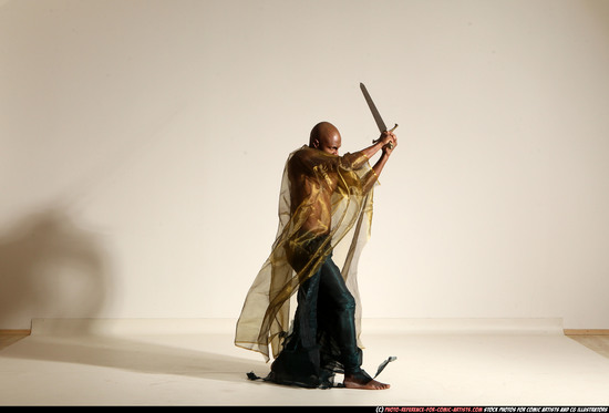 Man Adult Athletic Black Fighting with sword Moving poses Army