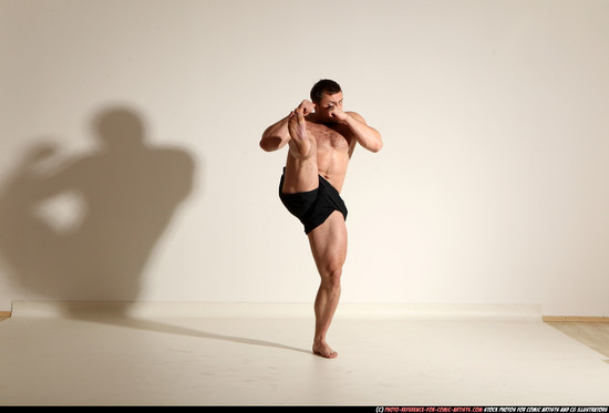 Man Adult Muscular White Kick fight Moving poses Underwear