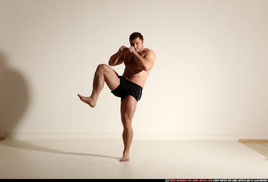 Man Adult Muscular White Kick fight Moving poses Underwear