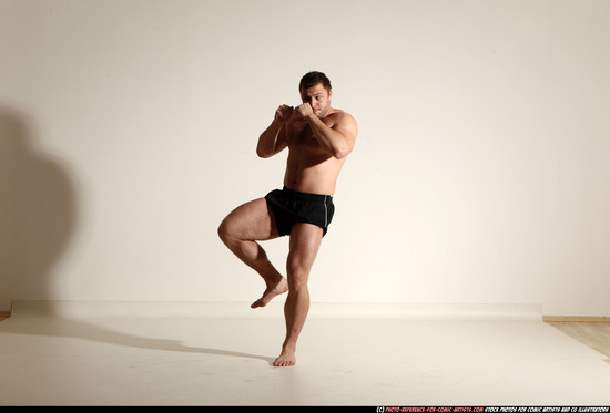 Man Adult Muscular White Kick fight Moving poses Underwear