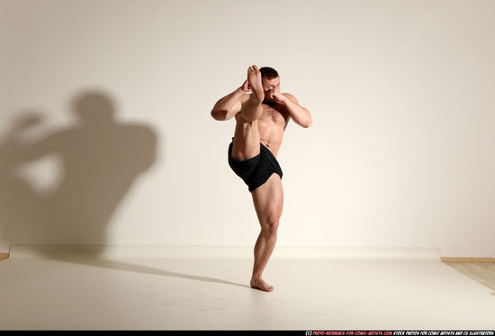 Man Adult Muscular White Kick fight Moving poses Underwear