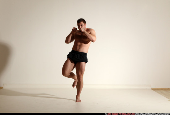 Man Adult Muscular White Kick fight Moving poses Underwear