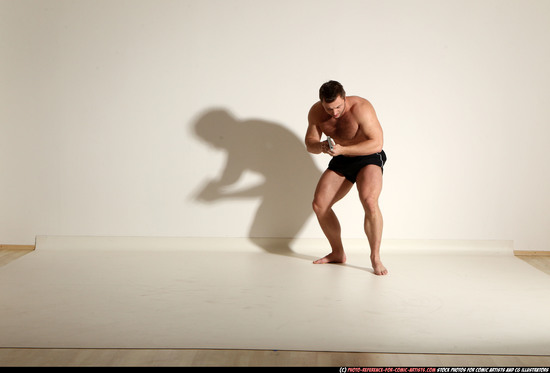 Man Adult Muscular White Fighting with gun Moving poses Underwear