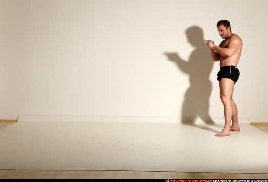 Man Adult Muscular White Fighting with gun Moving poses Underwear