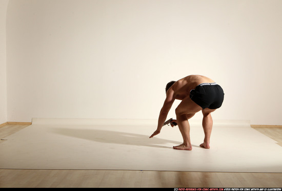 Man Adult Muscular White Fighting with gun Moving poses Underwear