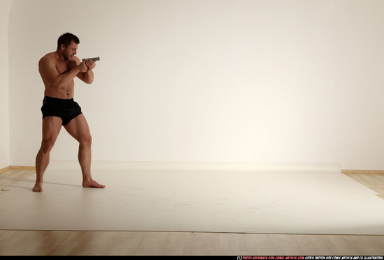 Man Adult Muscular White Fighting with gun Moving poses Underwear