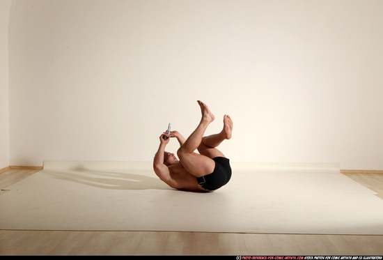 Man Adult Muscular White Fighting with gun Moving poses Underwear