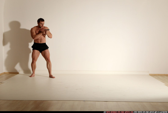 Man Adult Muscular White Fighting with gun Moving poses Underwear