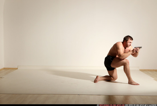 Man Adult Muscular White Fighting with gun Moving poses Underwear