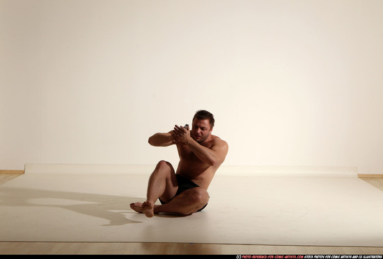 Man Adult Muscular White Fighting with gun Moving poses Underwear