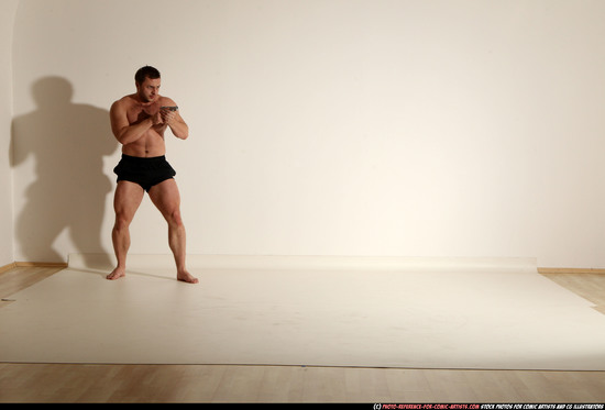 Man Adult Muscular White Fighting with gun Moving poses Underwear