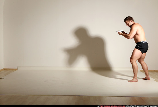 Man Adult Muscular White Fighting with gun Moving poses Underwear