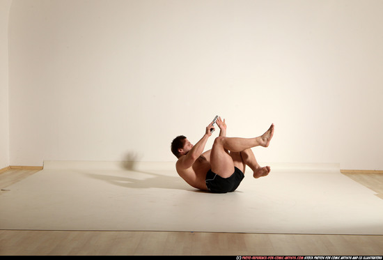 Man Adult Muscular White Fighting with gun Moving poses Underwear