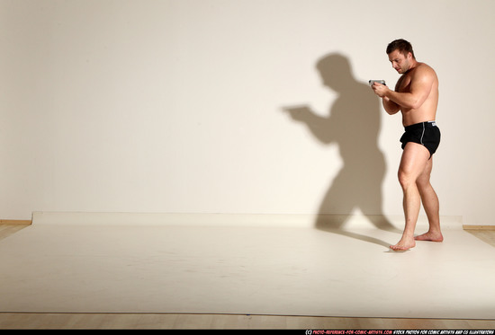 Man Adult Muscular White Fighting with gun Moving poses Underwear