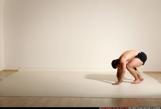 Man Adult Muscular White Fighting with gun Moving poses Underwear