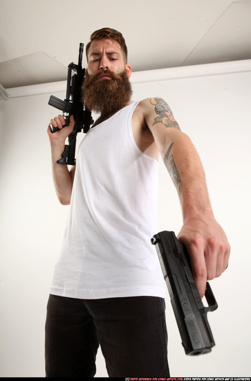 Man Adult Athletic White Fighting with gun Standing poses Casual