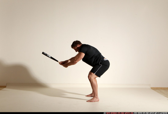 Man Adult Muscular White Moving poses Sportswear Fighting with bat