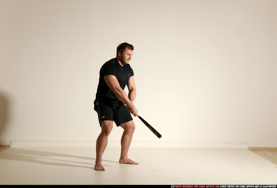 Man Adult Muscular White Moving poses Sportswear Fighting with bat