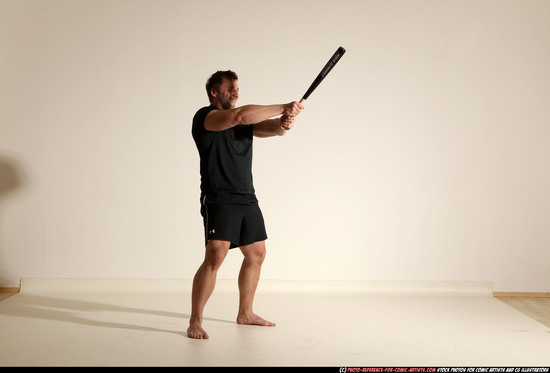 Man Adult Muscular White Moving poses Sportswear Fighting with bat