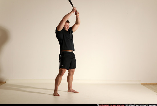 Man Adult Muscular White Moving poses Sportswear Fighting with bat