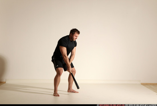 Man Adult Muscular White Moving poses Sportswear Fighting with bat