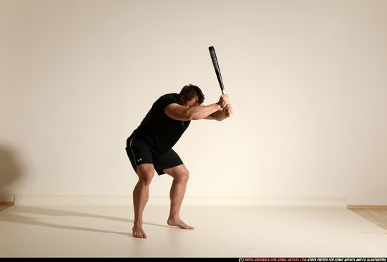 Man Adult Muscular White Moving poses Sportswear Fighting with bat