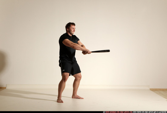 Man Adult Muscular White Moving poses Sportswear Fighting with bat