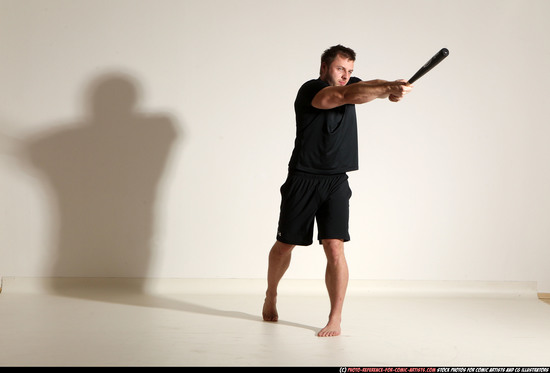 Adult Muscular White Moving poses Sportswear Fighting with bat